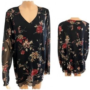 Only Nine Women’s Floral 3X Sheer Long Sleeve Lined Blouse